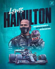 a man wearing a face mask next to a racing car on a blue background with the words lewis hamilton