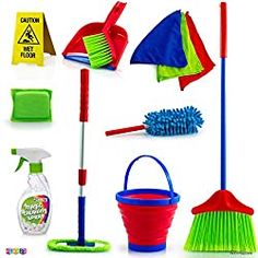 various cleaning supplies including brooms, mop, bucket and duster on a white background