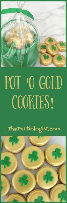 pot o'gold cookies with shamrocks on them and the title overlay reads pot o'gold cookies