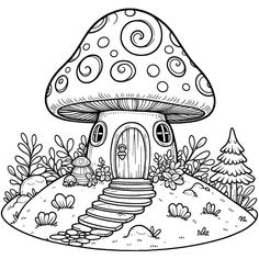 a mushroom house in the woods with trees and flowers around it coloring page for kids