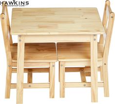 a wooden table and chairs set up on white background