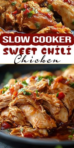 Looking for a no-fuss dinner recipe? 🍗✨ This slow cooker sweet chili chicken is tender, flavorful, and absolutely delicious. Save this Pin and make it tonight! #SweetAndSpicy #CrockpotDinner #ChickenLovers #MealIdeas