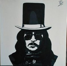 a black and white painting of a man wearing a top hat