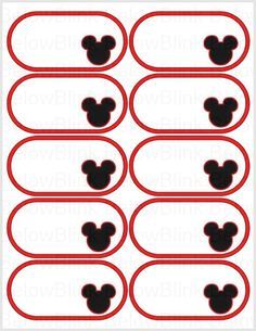 mickey mouse name tags with red and black trimmings on white background, set of 6