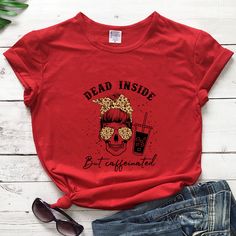 Coloreddeadinsidebutcaffeinated T-shirtspooky Women Short Sleeve Graphicskullcoffeelover Top Tee Shirt Casual Skull T-shirt For Fall, Casual Halloween Tops With Front Print, Casual Tops With Front Print For Halloween, Casual Red Skull Print Tops, Spooky Women, Skull Coffee, India And Pakistan, Grey Fashion, Top Tee