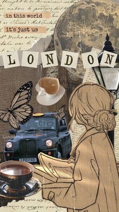 a collage of coffee and a woman with a butterfly on her head, next to a car