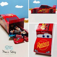 the box is made to look like cars and it has candy in front of it