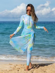 Multicolor Casual Collar   Tie Dye  Embellished High Stretch  Women Clothing Modest Beach Outfit, Cute Modest Swimwear, Burkini Swimsuit, Swimsuit Aesthetic, Tie Dye Swimsuit, Beachwear Fashion, Casual Tie, Modest Swimwear, Best Swimsuits