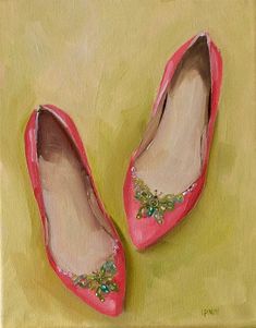 a painting of two pink shoes on a yellow surface, one has a green flower in the middle