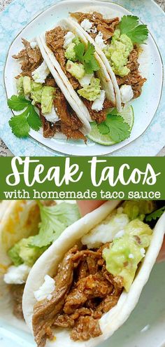 steak tacos with homemade taco sauce and avocado