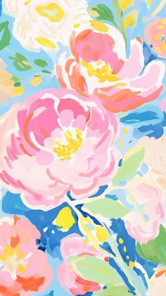 an abstract painting of pink and yellow flowers