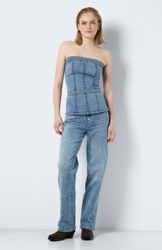 Full of modern casual-cool charm, this seamed denim top is updated in a shoulder-baring silhouette for day-to-night potential. 16 1/2" length Exposed back-zip closure Strapless 75% cotton, 18% polyester, 5% viscose, 2% elastane Machine wash, dry flat Imported Casual Medium Wash Strapless Denim Jumpsuit, Casual Strapless Denim Jumpsuit, Casual Strapless Denim Blue Jumpsuit, Casual Off-shoulder Tube Top For Spring, Strapless Denim Tube Top In Medium Wash, Chic Strapless Denim Blue Top, Trendy Washed Denim Top, Strapless Medium Wash Denim Jumpsuit For Spring, Strapless Denim Blue Cotton Top