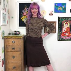 "Vintage Sweater Knit Skirt Set, 1970s Brown Space Dye Knit Top with Solid Brown Knit Skirt, Size S Mockneck sweater with A-line skirt, made by The Knit Group, by E. Eysen.  The top has a slim fitting cut, is slightly cropped, and has a low mock neck.  The skirt is a pretty and classic a-line cut and hits around the knee.  This is a lovely set to wear to work, or for an afternoon out with friends.   There are no fiber content or size tags.  There is a \"dry clean only\" tag, but this has been machine washed on a delicate cycle (air dried), and it did lovely! Fiber feels like a soft wool or a wool blend, and it is not itchy.  Measures like a modern size small.  Shown on a model who wears a size small top and medium bottom . For best fit, please compare the measurements below to your own, or Retro Fitted Long Sleeve Sweater, Vintage Long Sleeve Stretch Sweater, Retro Fitted Sweater For Work, Fitted Vintage Sweater For Work, Fitted Long Sleeve Vintage Sweater, Vintage Fitted Turtleneck Sweater, Brown Knit Skirt, Knit Skirt Set, Sweater Knit Skirt