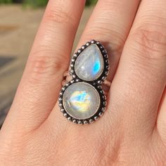 "Gorgeous, one-of-a-kind, genuine rainbow moonstone gemstone ring in sterling silver ring, size 8.5 Only one available, not resizable. Surface Size: 1.40\" x 0.75\" inches, approximately, double band, 5mm. Promotional Price." Spiritual Untreated Moonstone Ring For Anniversary, Nickel-free Spiritual Moonstone Ring, Untreated Sterling Silver Moonstone Ring For Anniversary, Nickel-free Moonstone Ring, Spiritual Moonstone Ring Stamped 925, Untreated Round Moonstone Ring, Adjustable Stamped 925 Moonstone Ring For Anniversary, Rainbow Moonstone Ring, Moonstone Ring