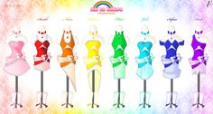 an image of mannequins in different colors on display with rainbow light behind them