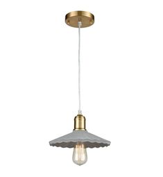 a light that is hanging from the ceiling with a white and gold colored shade on it