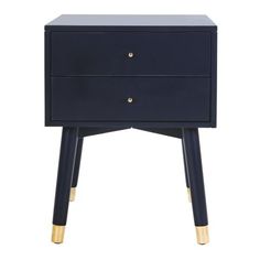 a black and gold bedside table with two drawers on one side, the other end