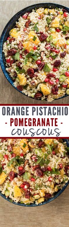 orange pistachio pomegranate couscous with text overlay