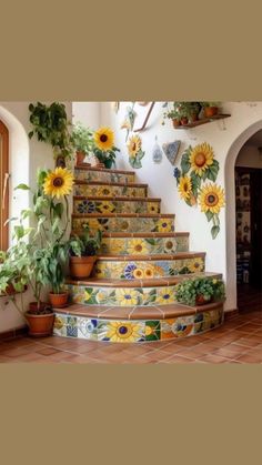 the sunflowers are painted on the stairs