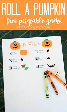 roll a pumpkin free printable game with crayons and pencils on top