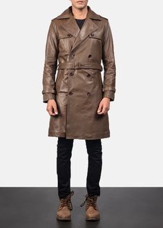 This suave looking Royson Brown Leather Duster is made in a luxuriously soft calfskin, semi-aniline finish leather that has a quilted polyester lining, an awesome double-breasted button and belt detail on the front, a shirt style collar, open hem cuffs with strap detail and shoulder flaps and epaulettes that enhance the overall look of this must-have duster coat. Not forgetting the center back vent and two inner and outer pockets that add some functionality with total finesse. Brown Leather Outerwear For Motorcycling, Luxury Distressed Brown Leather Biker Jacket, Luxury Brown Double-breasted Leather Jacket, Brown Double-breasted Leather Outerwear, Brown Long-sleeved Leather Outerwear, Leather Jacket Men, Mens Coats, Leather Men, Double Breasted