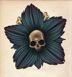 a skull sitting on top of a blue flower