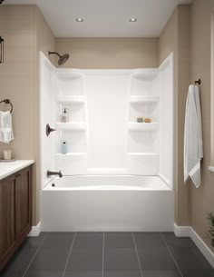 a bathroom with tile flooring and white fixtures