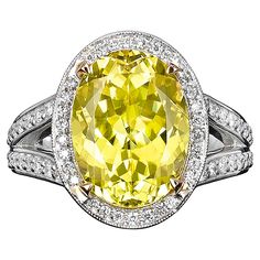 This extraordinary tourmaline displays an electric "canary" hue in this stunning ring. Weighing an outstanding 7.11 carats, this magnificent gem is surrounded by .65 carats of diamonds in its platinum and 18K yellow gold setting. One of the rarest of all tourmalines, canary yellow tourmalines was discovered in Malawi in 2000. Although tourmalines are renowned for the incredible array of colors in which they are found, yellow specimens were almost unheard of, and those that were discovered displa Canary Diamond Ring, Antique Cocktail Ring, Canary Diamond, Sapphire Cocktail Ring, Yellow Ring, Rings Antique, Vintage Cocktail Ring, Yellow Diamond Rings, Yellow Rings