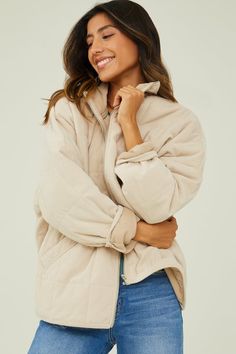 Oversized Long Sleeve Quilted Jacket For Winter, Cozy Quilted Winter Outerwear, Beige Long Sleeve Outerwear With Corduroy Collar, Beige Outerwear With Corduroy Collar Long Sleeve, Oversized Quilted Long Sleeve Outerwear, Quilted Long Sleeve Outerwear For Cold Weather, Oversized Quilted Outerwear With Long Sleeves, Oversized Quilted Cotton Outerwear, Beige Long Sleeve Quilted Jacket With Pockets