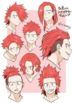 an anime character's hair is shown with different angles and colors, including red