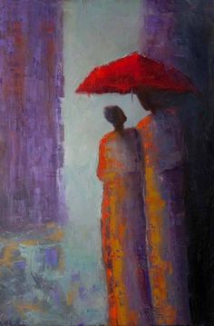 a painting of two people holding an umbrella