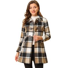 It features a turn down collar, plaid pattern & toggle button closure for chic look. Cut to a regular fit, this coat has been updated with a modern edge, featuring a duffle front design and turn-down collar. Styled with pops of a horn buckle button closure for that classic style. You can pair it with jeans, leggings and boots for winter casual looks. Warm and casual style coat, shows a fashionable look and provides all-day comfort. Plaid Wrap Coat, Long Plaid Coat, Chic Coat, Winter Plaid, Duffle Coat, Plaid Coat, Wrap Coat, Wool Peacoat, Women Shawl