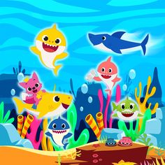 a group of cartoon sharks swimming in an ocean with corals and fish around them