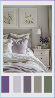 a white bed with purple and green pillows in a bedroom next to two pictures on the wall