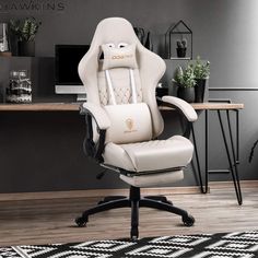 a white office chair sitting on top of a wooden desk