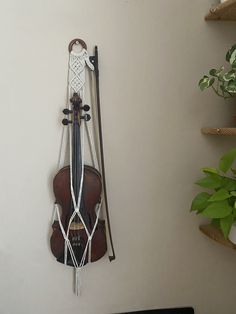 a violin hanging on the wall next to a potted plant