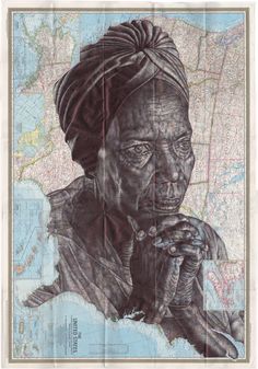 a drawing of a woman with her hand on her chin, in front of a map