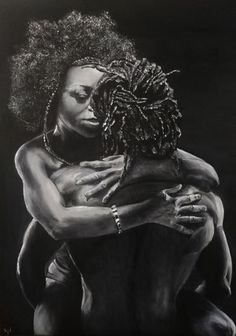 a black and white drawing of two people hugging each other with their arms around one another