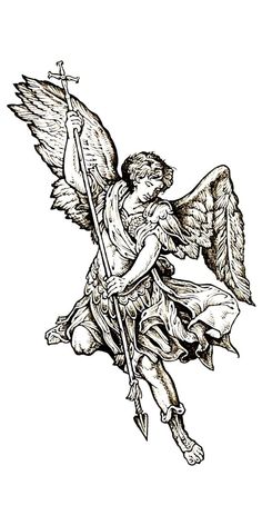 an angel with a spear and wings