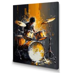 a painting of a drummer playing drums on a black and yellow background with white paint