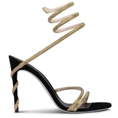 Rene Caovilla Margot Black Gold Crystal Ankle Wrap Strap Sandal Heel Pump 38 ********** Rene Caovilla ********** Brand: Rene Caovilla Size: 38 (Know Your Caovilla Size) Name: Margot Color: Gold Satin - Black Suede / Metallic Gold Strass Style: Sandal Pump Style#: C11339 Material: Suede Open Front Toe Standing On A 105mm Heel Gold Strass Crystal Black Suede Material Wrap Around Snake Ankle Strap Thin Back Heel Classic Silver Glitter Sole Brand New In Box, Comes With Box And Dust Bag 100% Authenti Wrap Around Snake, Rene Caovilla Heels, Strap Sandals Heels, Coiled Snake, Bags Business, Snake Heels, Gold Strappy Heels, Street Style Shoes, Jeweled Sandals