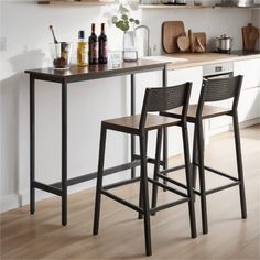 two bar stools sitting next to each other in a kitchen