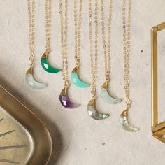 Dainty Necklace for Her - Gold Moon pendant Necklace - Christmas gifts for Her - Chalcedony, Green Opal, Amethyst, Labradorite, Aquamarine Available stones: (select from menu) 1) Aqua Chalcedony 2) Green Opal 3) Amethyst 4) Chrysoprase 5) Labradorite 6) Aquamarine 7) Prehnite Pendant: 17Hx9Wx4Dmm (due to the nature of the genuine raw gemstones, all stones are different so the size is approximate and the one you receive might be slightly smaller or bigger) Chain: 16-18 inches adjustable ... Horn Necklace, Gold Moon, Green Opal