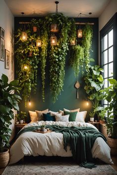 a bed covered in lots of green plants next to a wall mounted with hanging lights