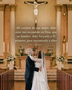 a man and woman are kissing in front of the alter at a church with a quote from c s lewis