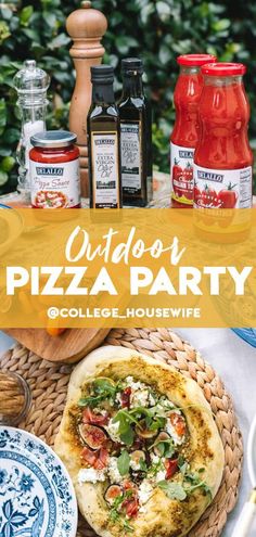 an outdoor pizza party with condiments and sauces