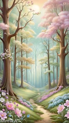 a painting of a forest with flowers and trees