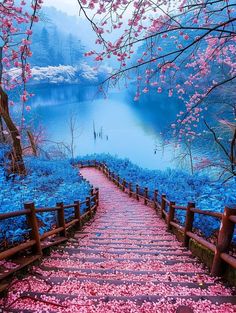 a pathway that is surrounded by pink flowers and blue trees with water in the background