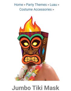 a man wearing a tiki mask with flames on his face