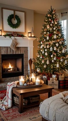 a living room with a christmas tree and lit candles in front of the fire place